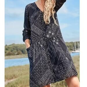 Garnet Hill Dress Womens Sz 2 Drop Waist Black Bandana Oversized Long Sleeve